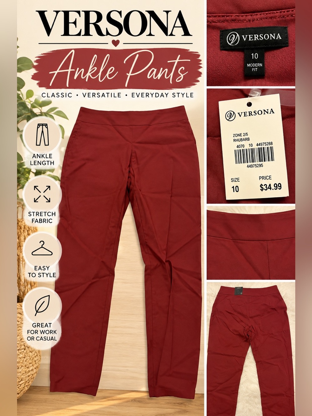 Versona Rhubarb Red Ankle Pants Modern Fit Size 10 NWT
